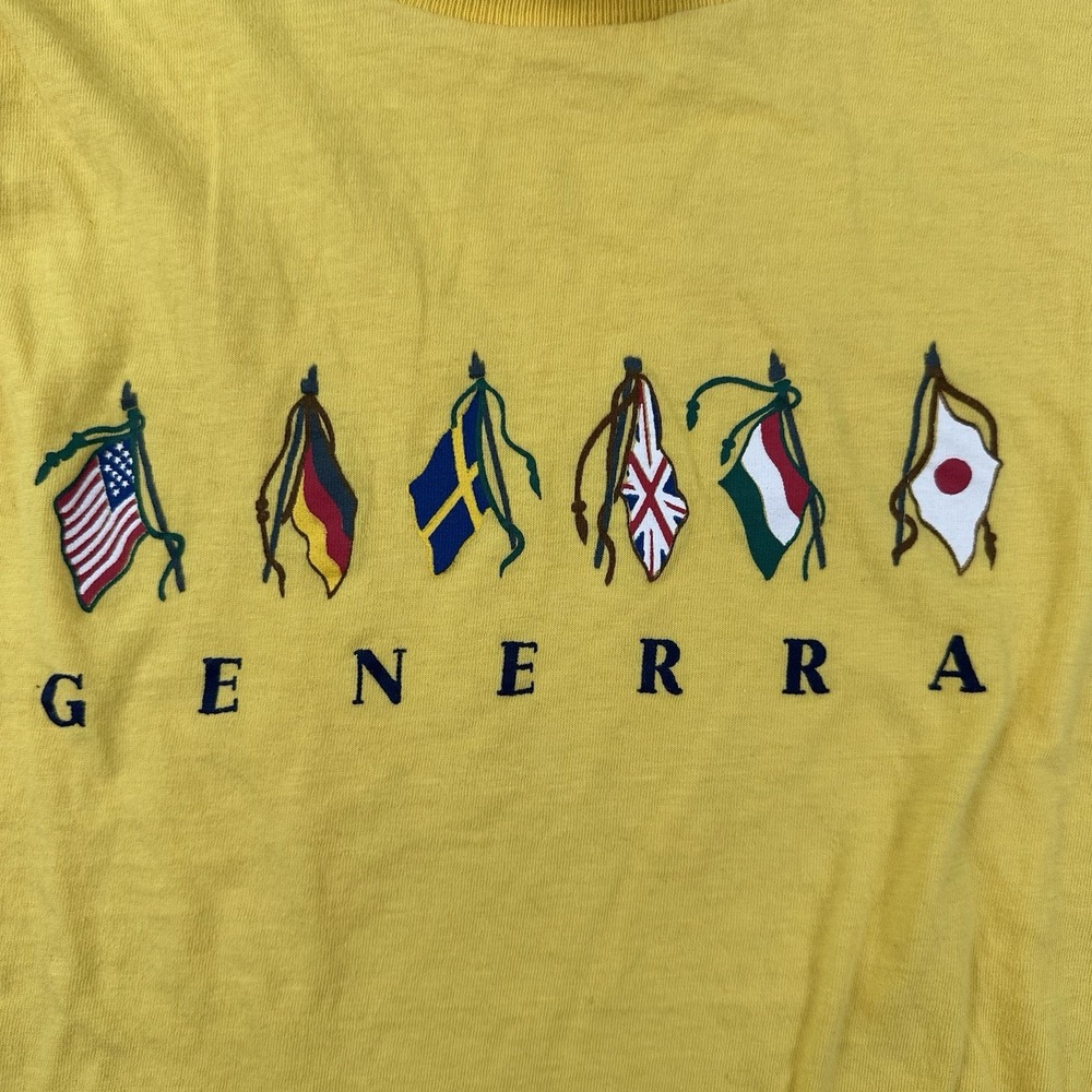 Rare VTG 80s Generra Boxy Crop Fit T Shirt Men Medium Hypercolor Yellow Spellout - Picture 2 of 11
